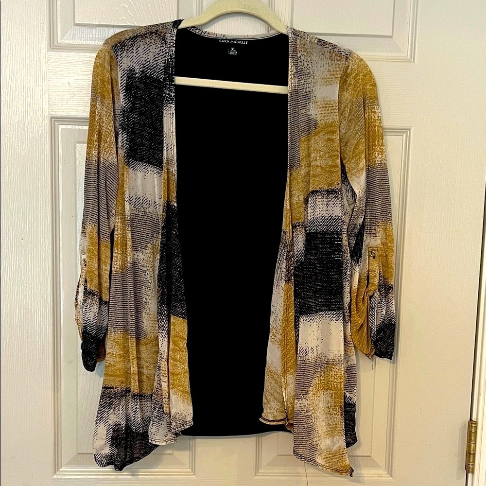 Sara Michelle Mustard Yellow Black Cream Open-Front Cardigan